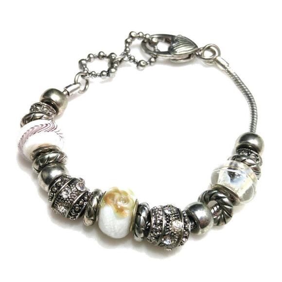 Beaded Silver Tone Rhinestone Snake Chain Bracelet, Heart Clasp, 8 1/2 Inches - Picture 1 of 8